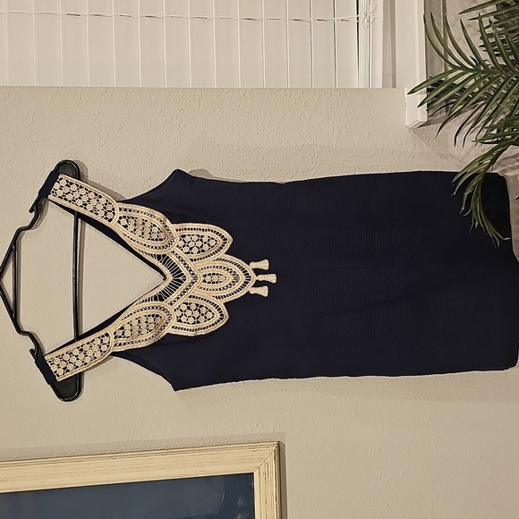 Lilly Pulitzer Navy Blue Sheath Dress Gold Crochet Embellished Sleeveless - Picture 3 of 5
